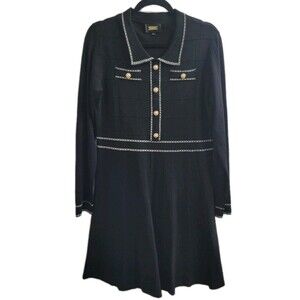 Alexia Admor Black Knit Dress XL Gold Button Collared Fit Flare Preppy Career